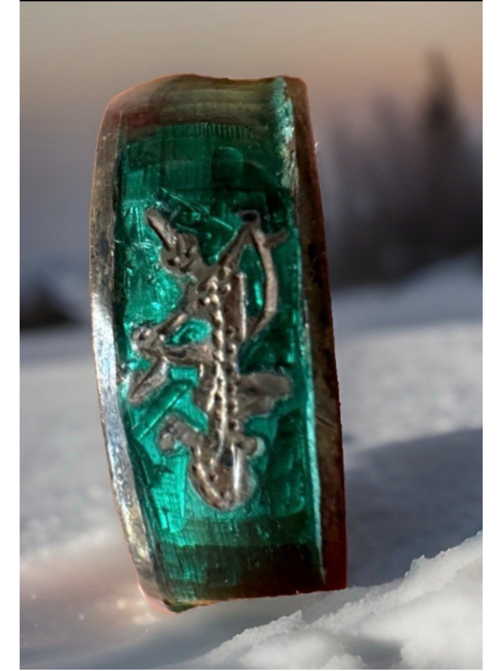 Vintage Stamped Sterling Silver Ring Siam Dancer Design & Green Enamel